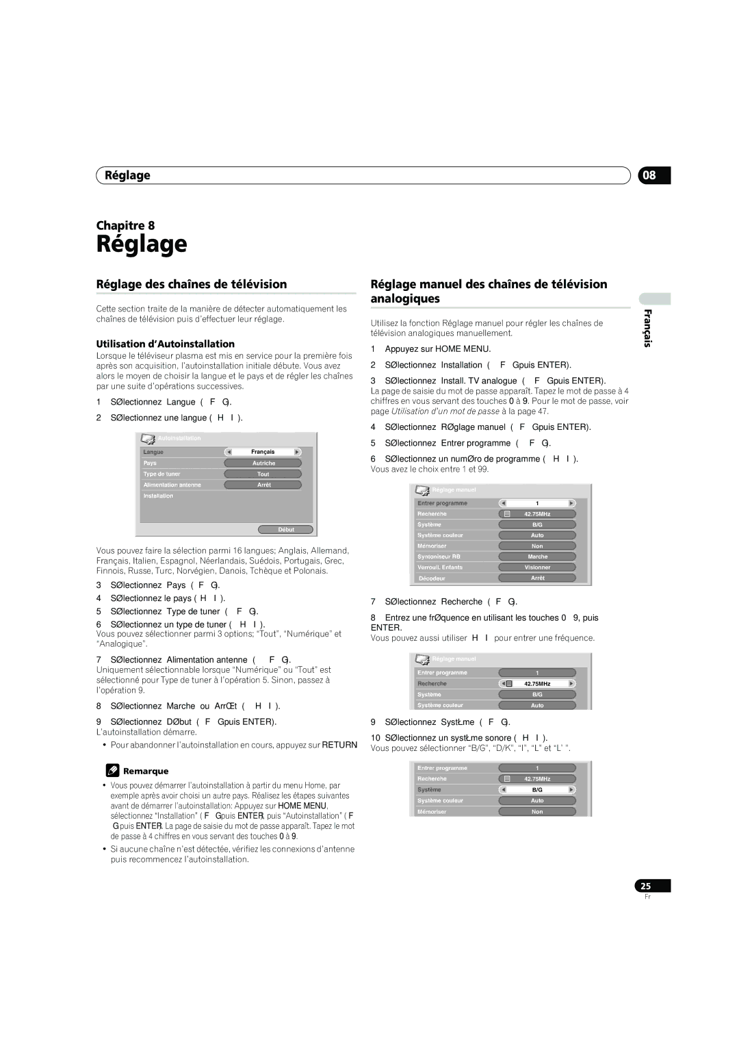 Pioneer PDP-4270XD manual Réglage Chapitre, Réglage des chaînes de télévision, Utilisation d’Autoinstallation 