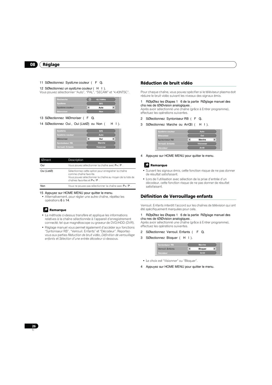Pioneer PDP-4270XD manual 08 Réglage, Réduction de bruit vidéo, Définition de Verrouillage enfants, Élément Description 