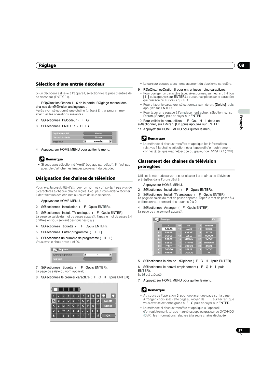 Pioneer PDP-4270XD manual Réglage Sélection d’une entrée décodeur, Désignation des chaînes de télévision 