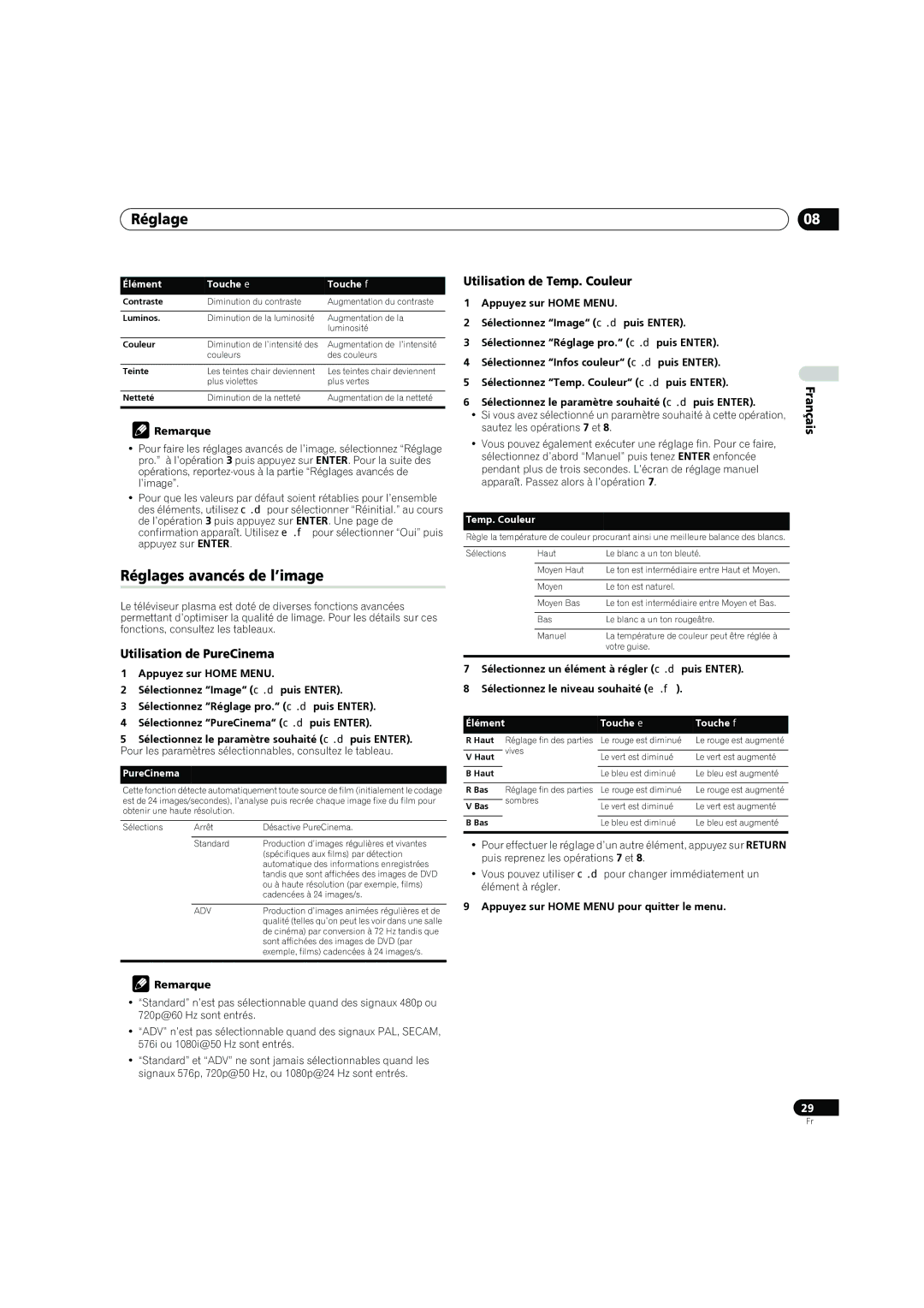 Pioneer PDP-4270XD manual Réglages avancés de l’image, Utilisation de PureCinema, Utilisation de Temp. Couleur 