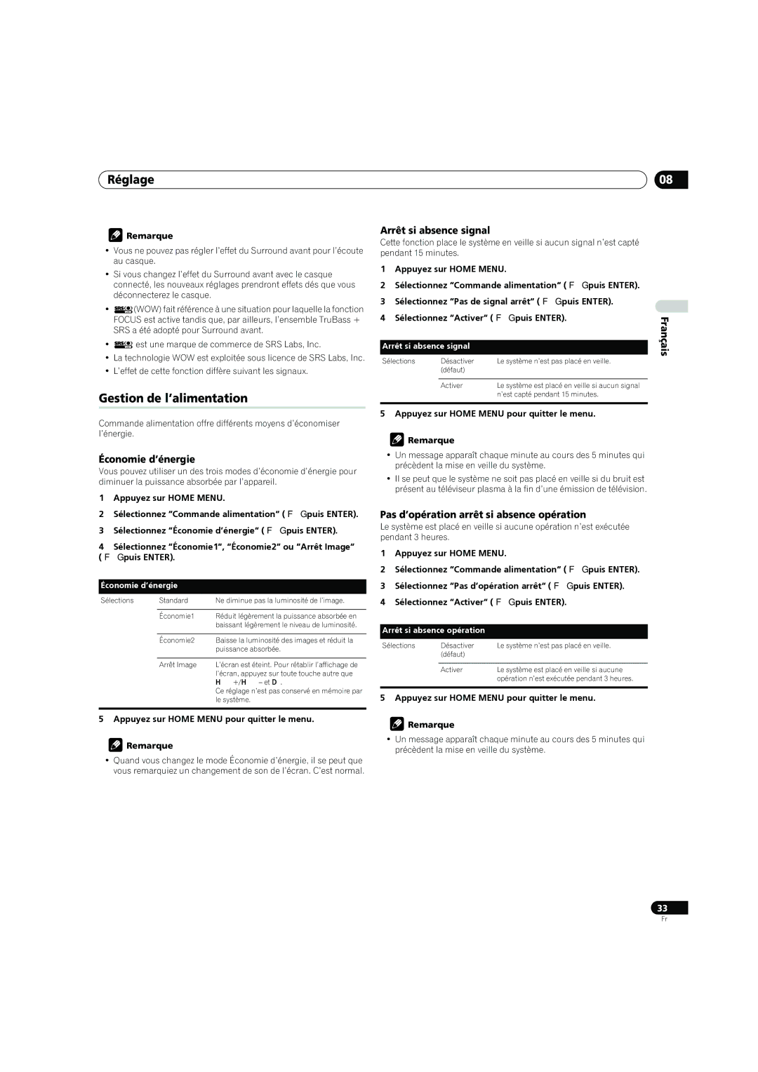 Pioneer PDP-4270XD manual Gestion de l’alimentation, Économie d’énergie, Arrêt si absence signal 