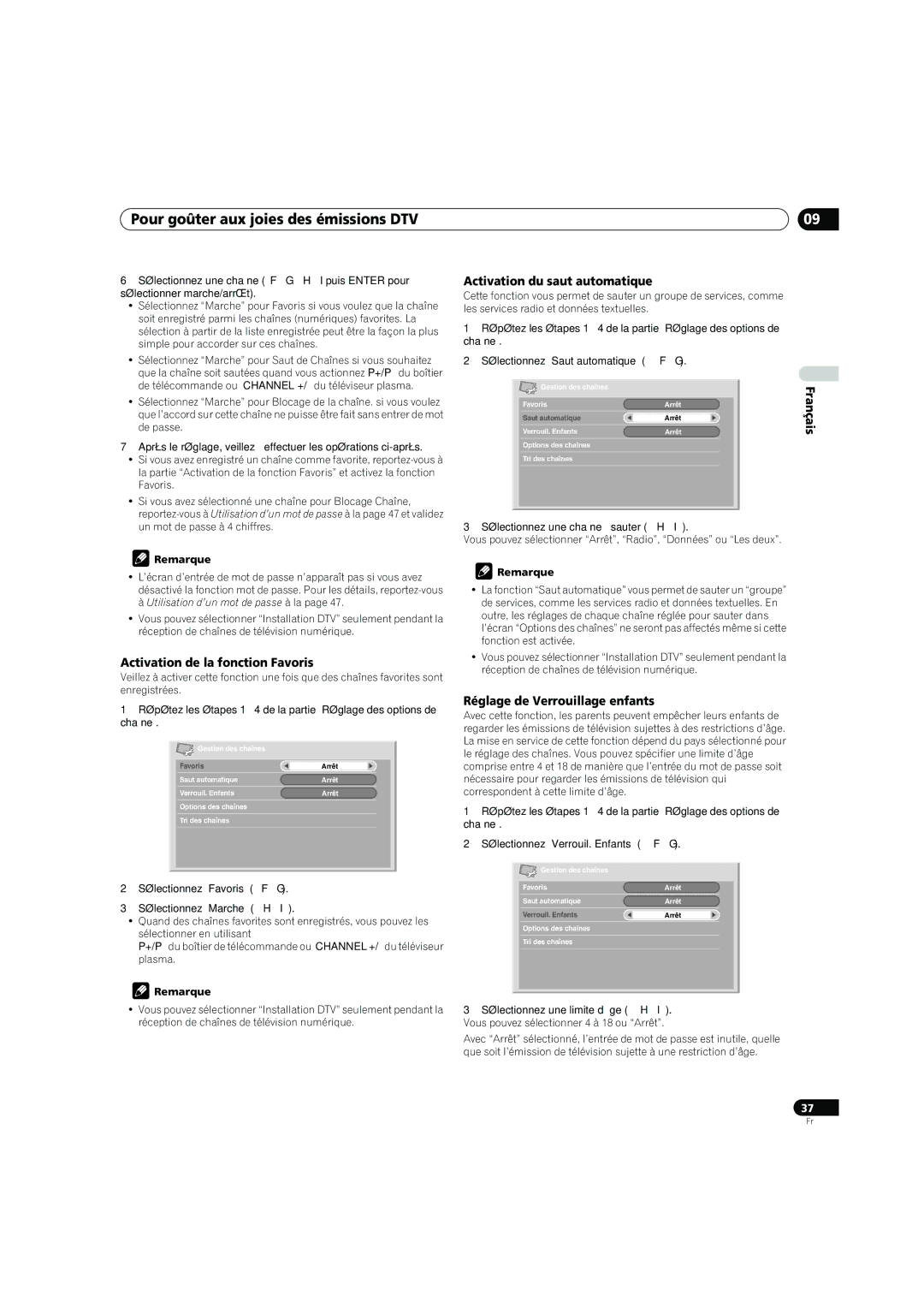 Pioneer PDP-4270XD Activation de la fonction Favoris, Activation du saut automatique, Réglage de Verrouillage enfants 