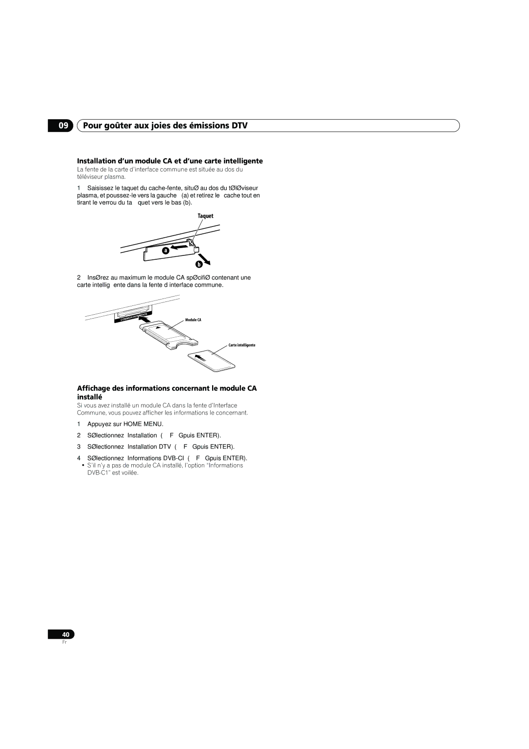 Pioneer PDP-4270XD manual Installation d’un module CA et d’une carte intelligente, Taquet 