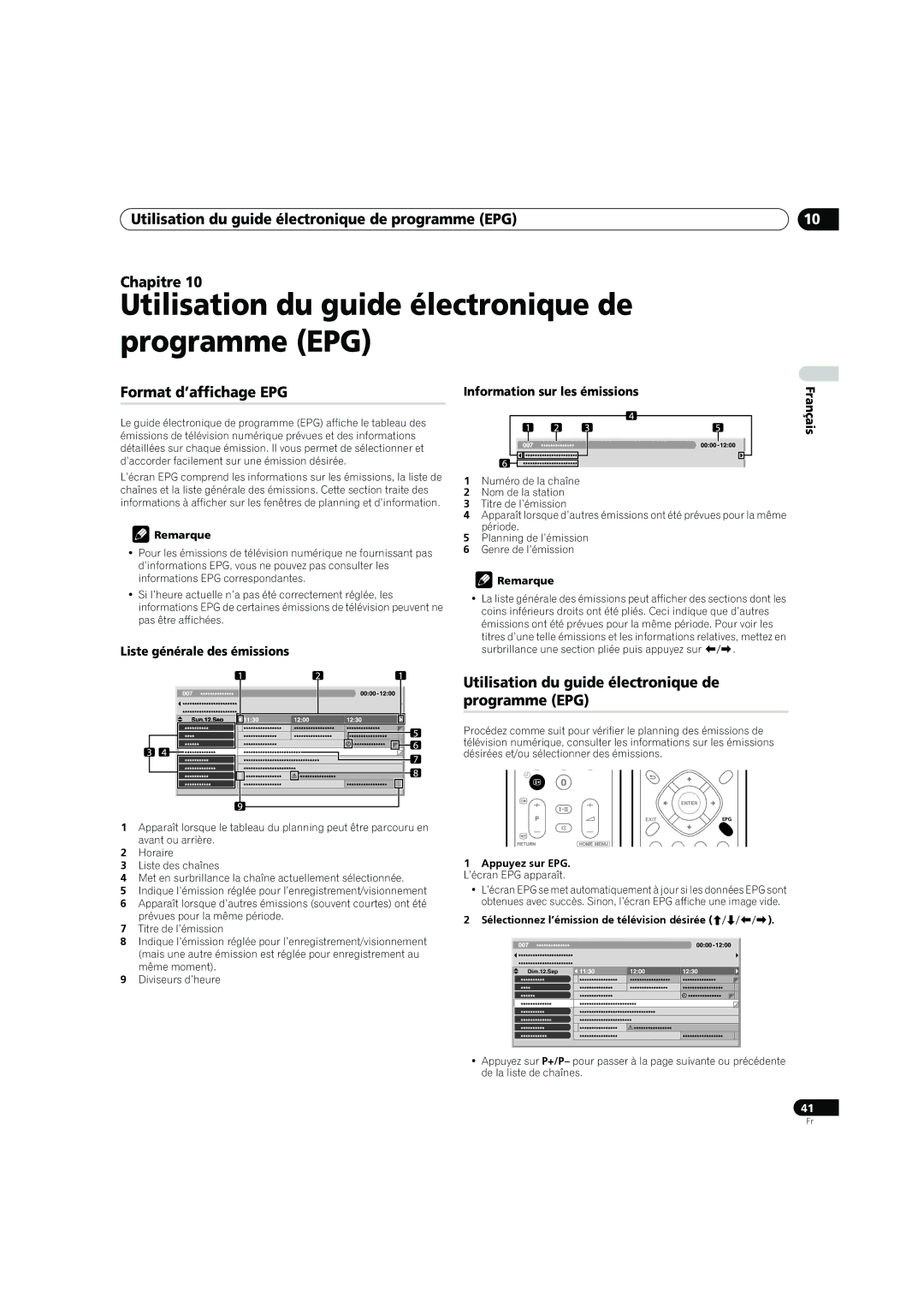 Pioneer PDP-4270XD manual Utilisation du guide électronique de programme EPG, Format d’affichage EPG 