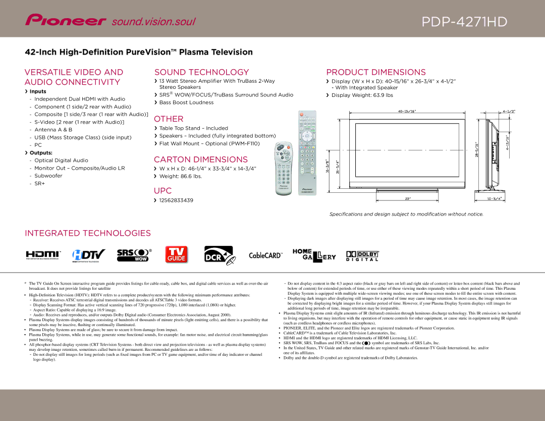 Pioneer PDP-4271HD manual Versatile Video and Audio Connectivity, Sound Technology, Other, Carton Dimensions 