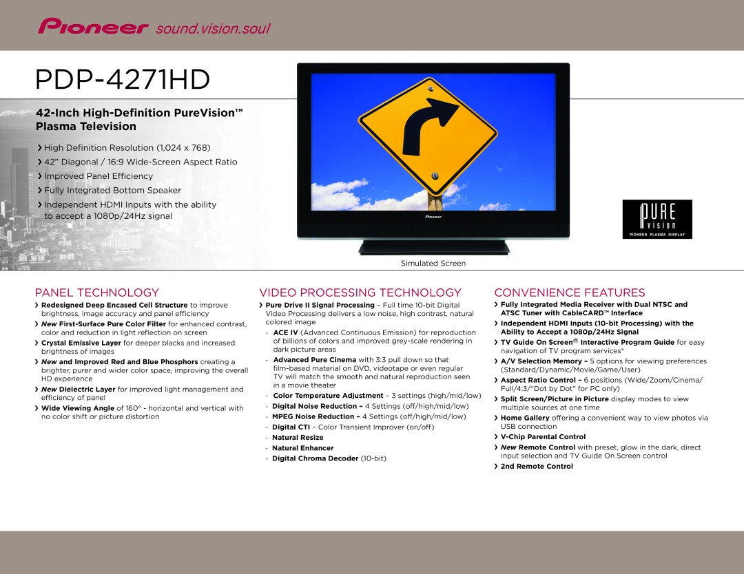Pioneer PDP-4271HD manual Inch High-Definition PureVision Plasma Television, Panel Technology, Video Processing Technology 
