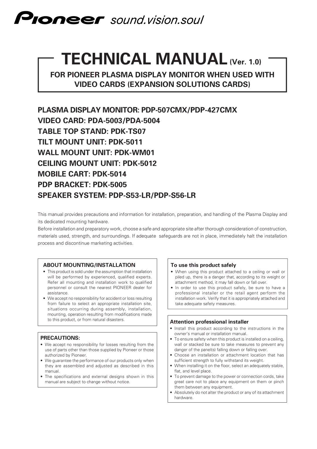 Pioneer PDP 427CMX technical manual Technical Manual Ver, To use this product safely 