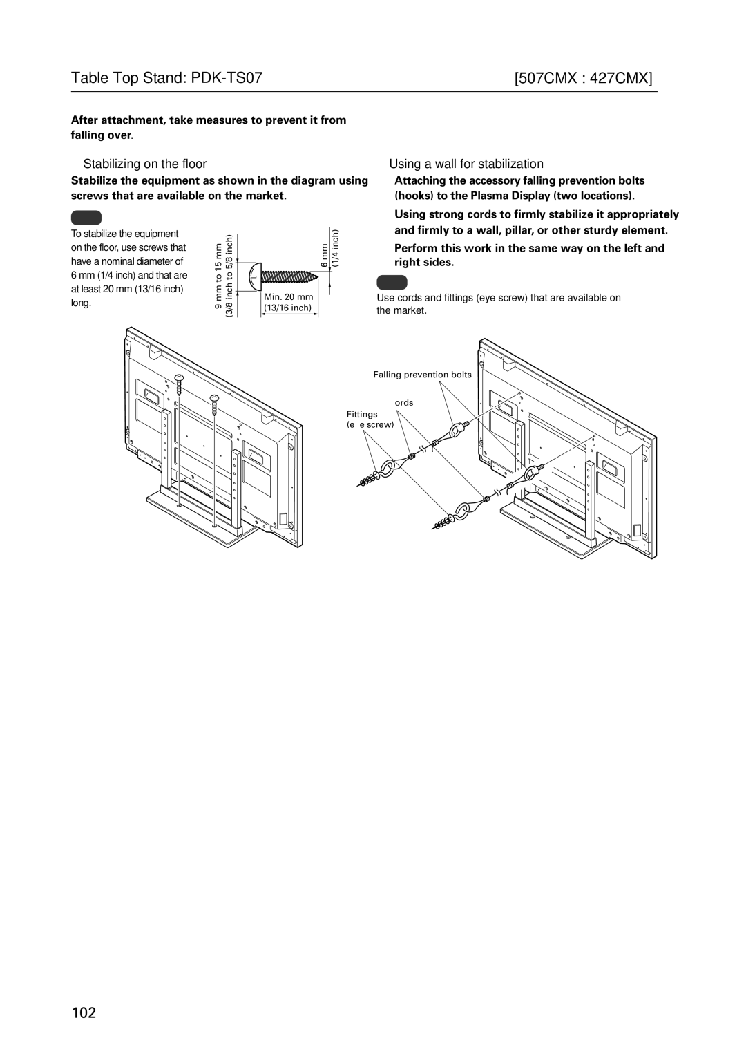 Pioneer PDP 427CMX technical manual Stabilizing on the floor Using a wall for stabilization 