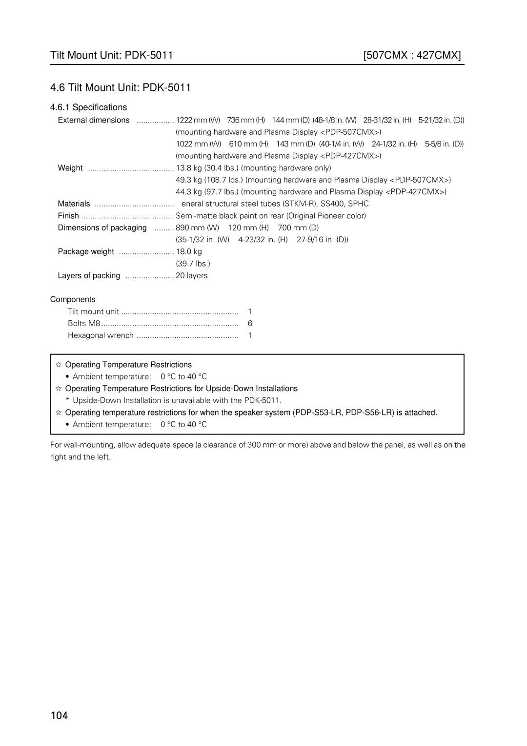 Pioneer PDP 427CMX Tilt Mount Unit PDK-5011 507CMX 427CMX, Mounting hardware and Plasma Display PDP-507CMX, Components 