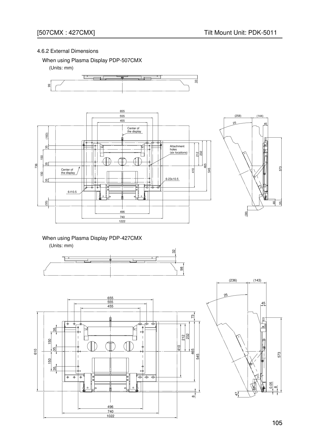 Pioneer PDP 427CMX technical manual 507CMX 427CMX Tilt Mount Unit PDK-5011, Units mm 