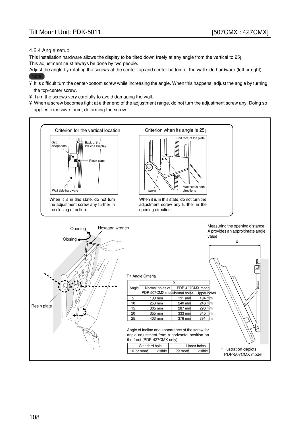 Pioneer PDP 427CMX technical manual Angle setup, Criterion for the vertical location, Criterion when its angle is 