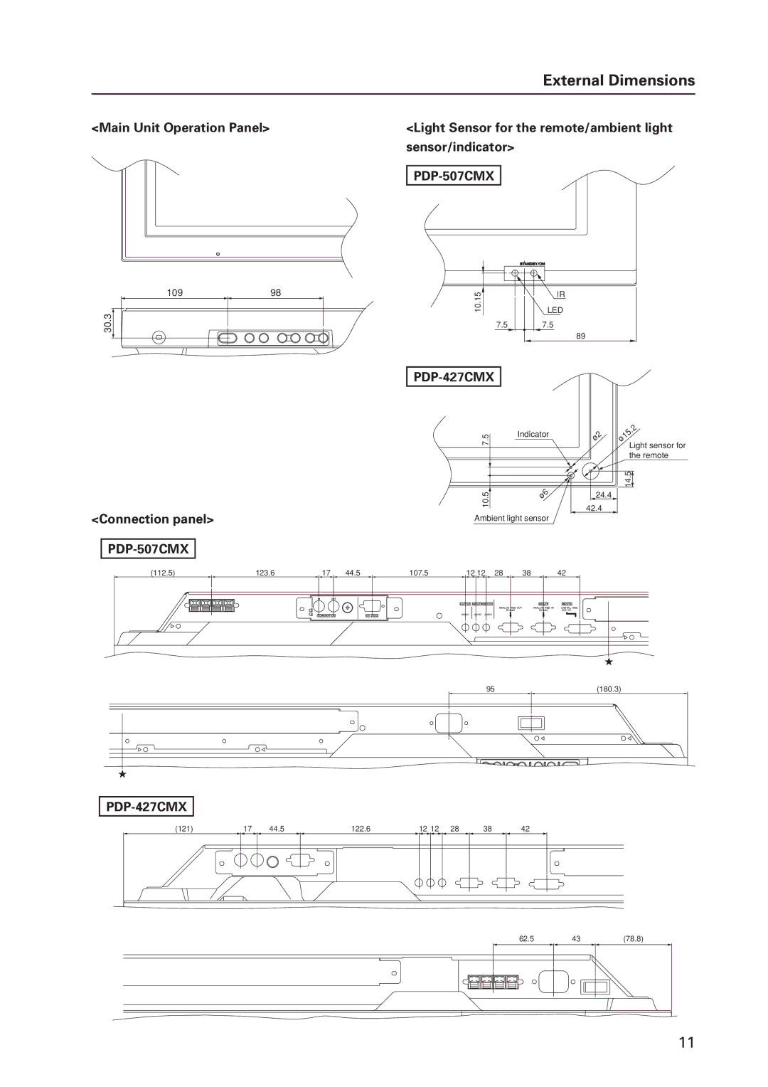 Pioneer PDP 427CMX technical manual Main Unit Operation Panel, Light Sensor for the remote/ambient light sensor/indicator 