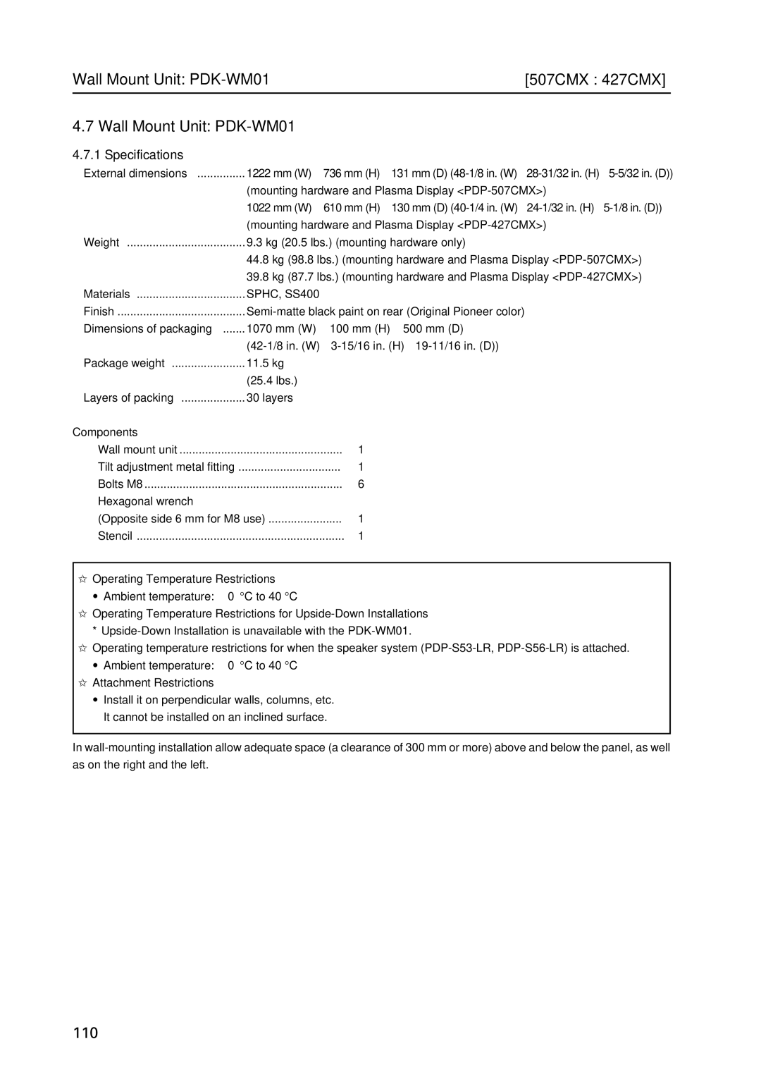 Pioneer PDP 427CMX technical manual Wall Mount Unit PDK-WM01 507CMX 427CMX, SPHC, SS400, Attachment Restrictions 