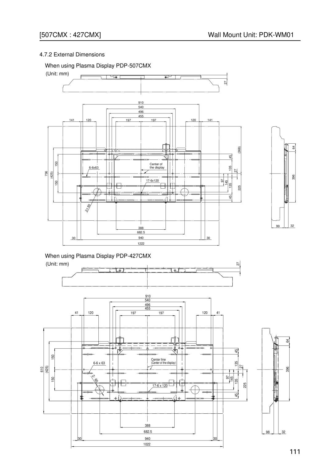 Pioneer PDP 427CMX 507CMX 427CMX Wall Mount Unit PDK-WM01, External Dimensions When using Plasma Display PDP-507CMX 