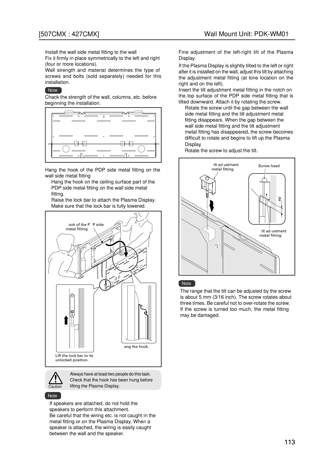 Pioneer PDP 427CMX technical manual Display Rotate the screw to adjust the tilt, Check that the hook has been hung before 