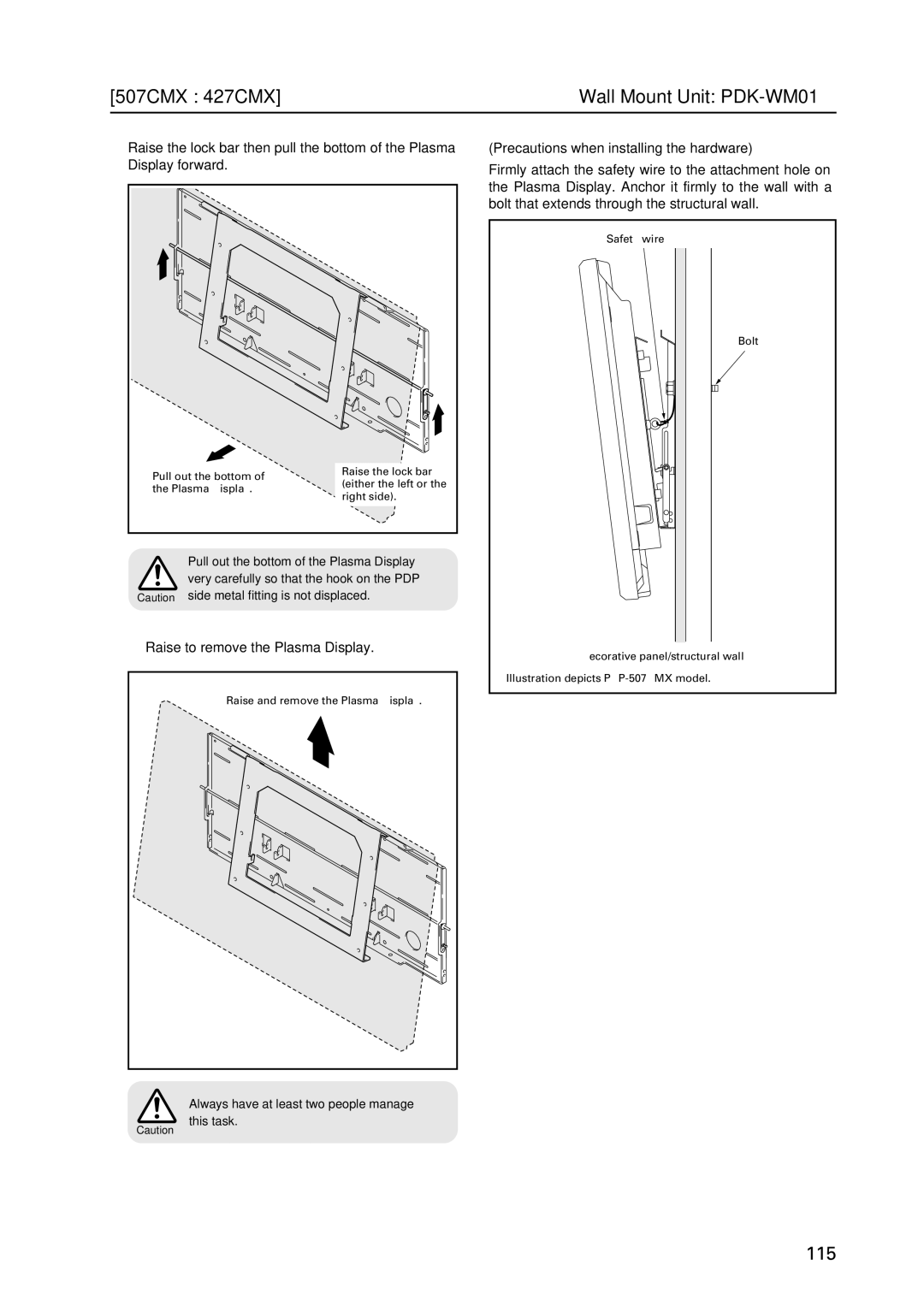 Pioneer PDP 427CMX technical manual Raise to remove the Plasma Display, Precautions when installing the hardware 