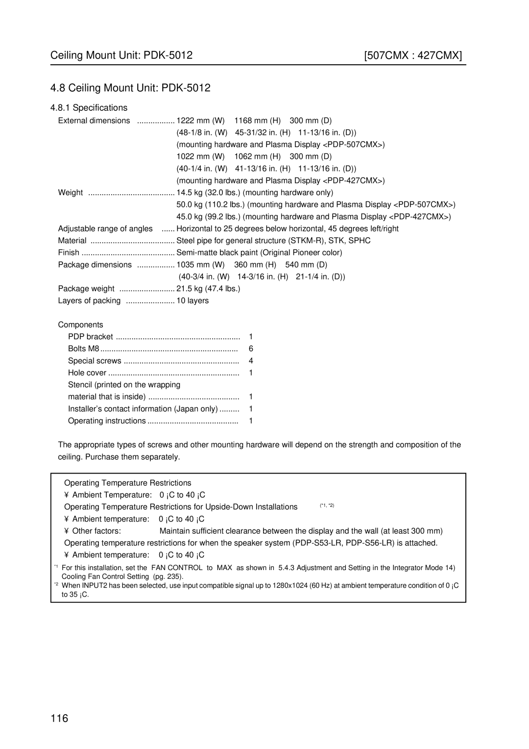 Pioneer PDP 427CMX technical manual Ceiling Mount Unit PDK-5012 507CMX 427CMX, Adjustable range of angles 