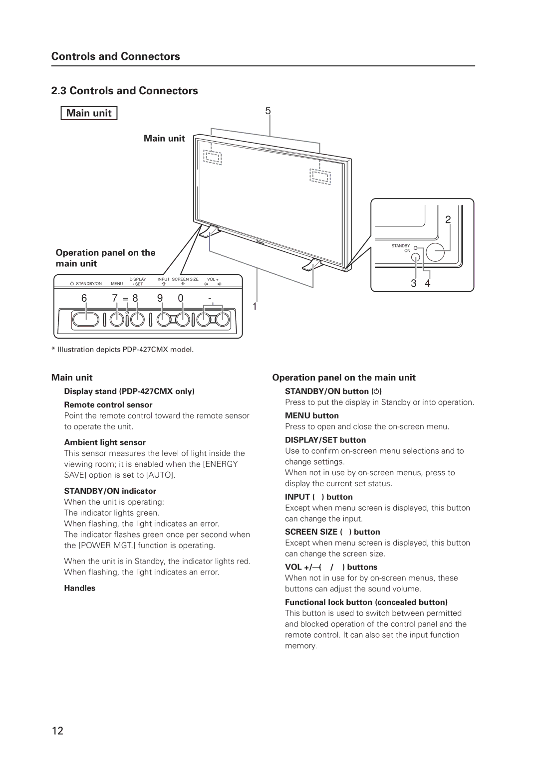 Pioneer PDP 427CMX technical manual Controls and Connectors, Main unit, Operation panel on the main unit 