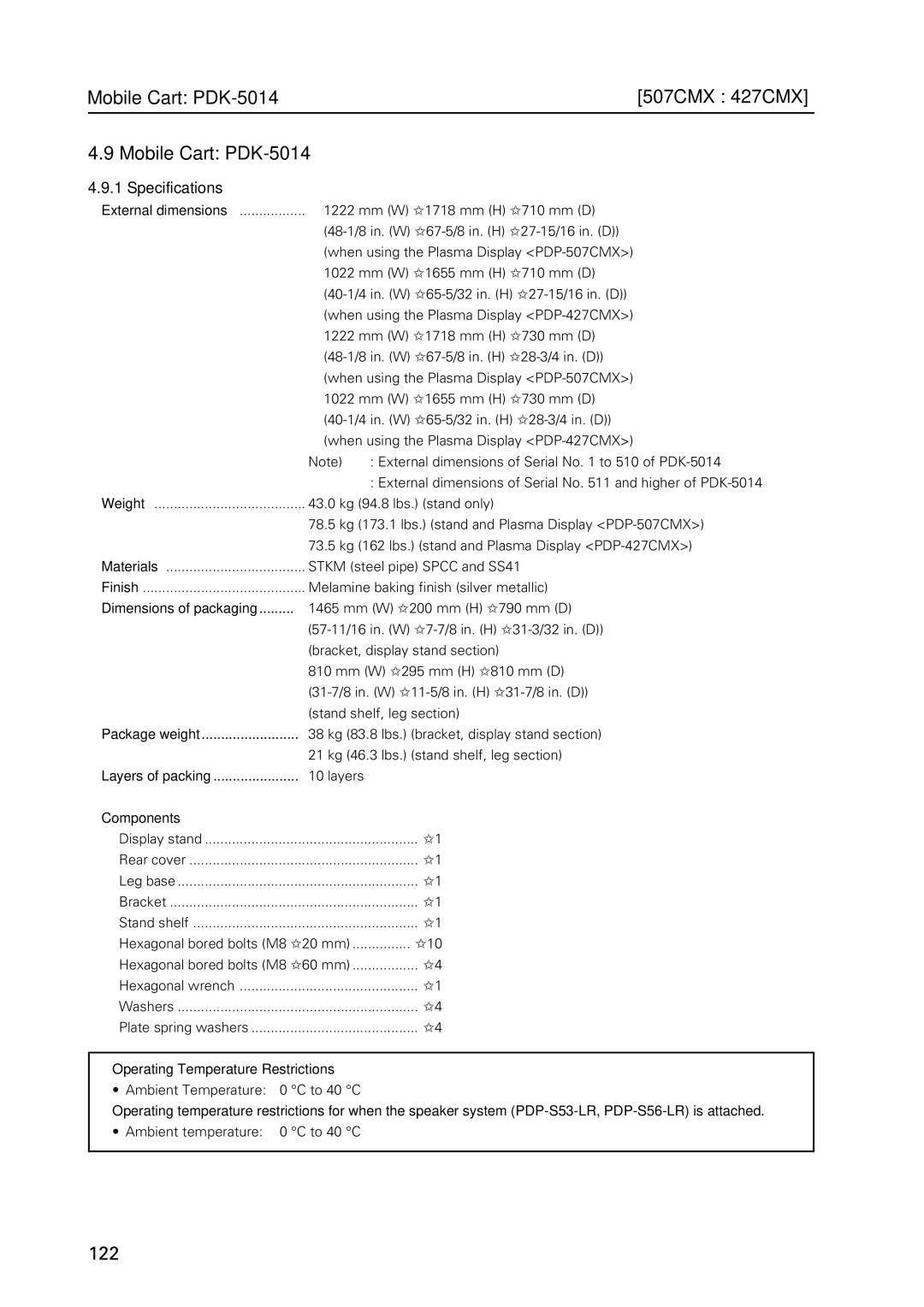 Pioneer PDP 427CMX technical manual Mobile Cart PDK-5014507CMX 427CMX, Package weight, Layers of packing 