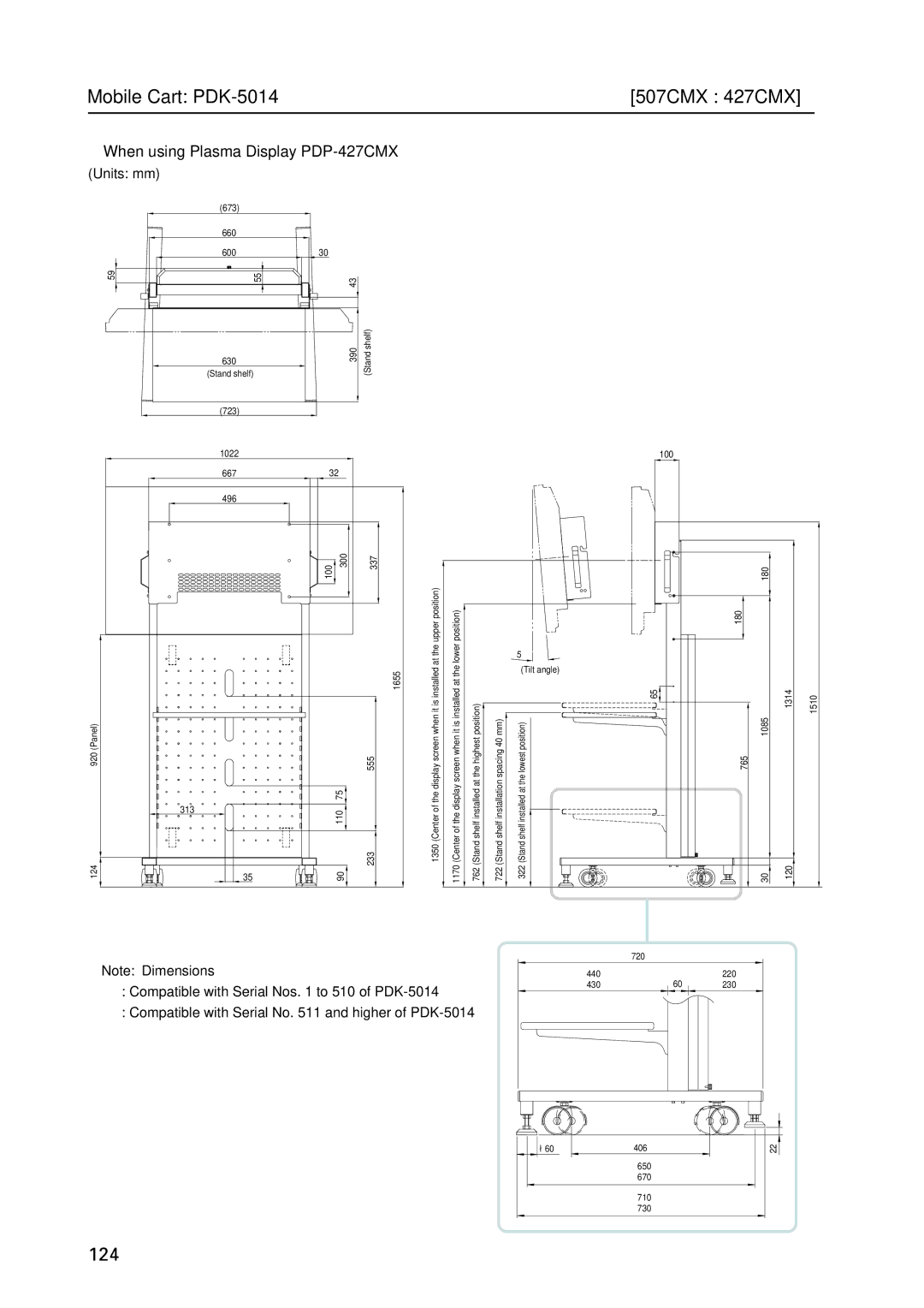 Pioneer PDP 427CMX technical manual Mobile Cart PDK-5014 507CMX 427CMX, Units mm 