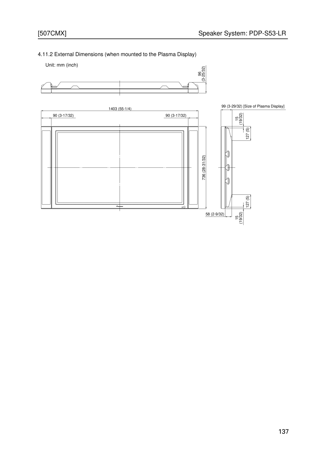 Pioneer PDP 427CMX technical manual Speaker System PDP-S53-LR, External Dimensions when mounted to the Plasma Display 