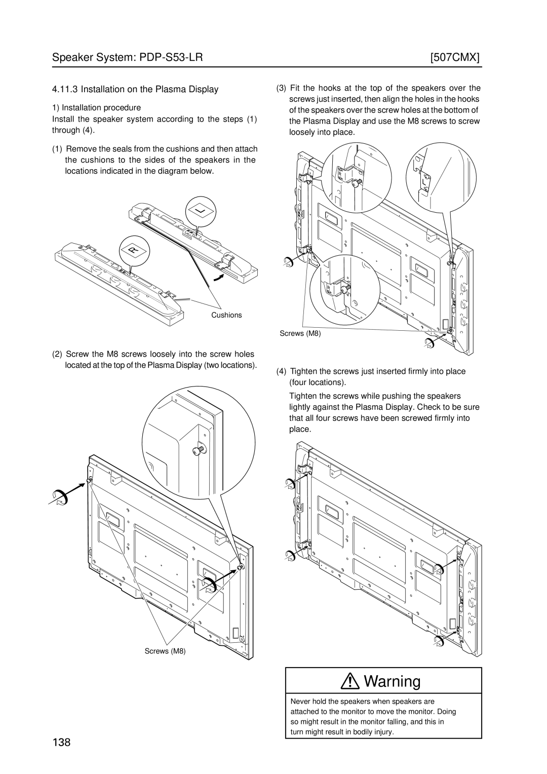 Pioneer PDP 427CMX Speaker System PDP-S53-LR 507CMX, Installation on the Plasma Display, Installation procedure 