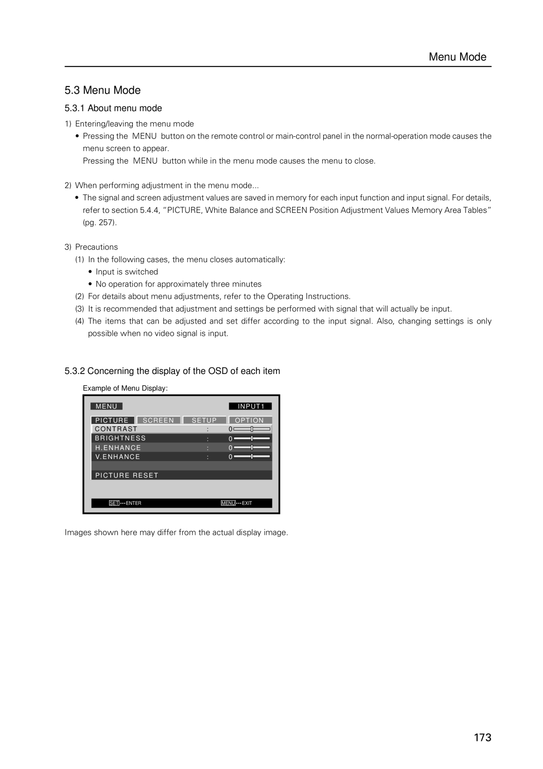 Pioneer PDP 427CMX Menu Mode, About menu mode, Concerning the display of the OSD of each item, Example of Menu Display 