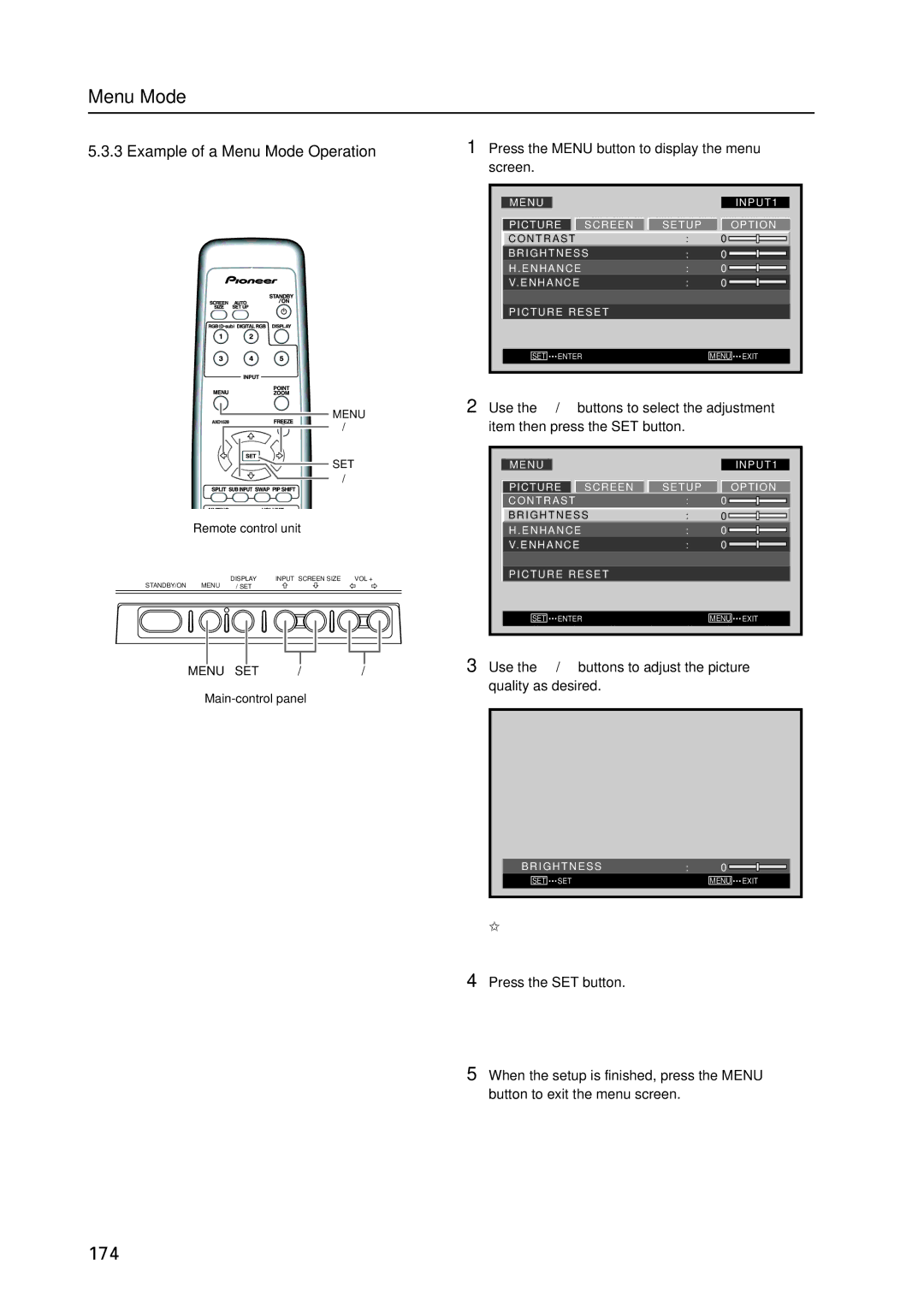 Pioneer PDP 427CMX Example of a Menu Mode Operation, Press the Menu button to display the menu screen, Remote control unit 