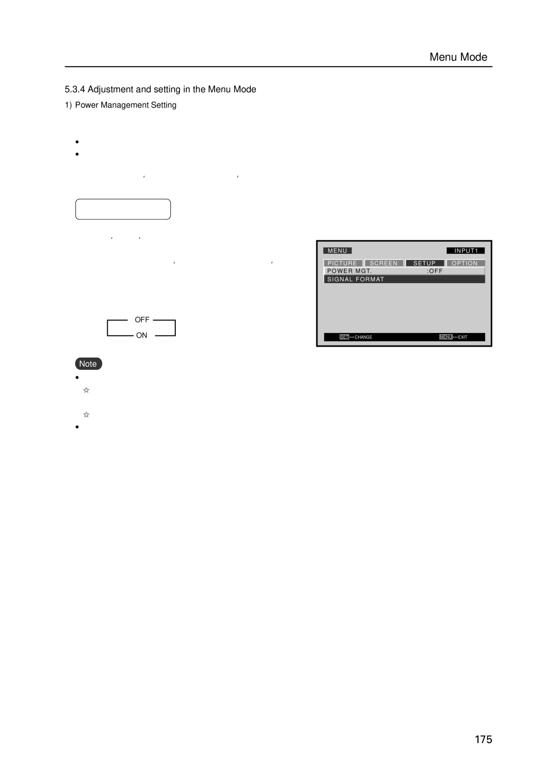 Pioneer PDP 427CMX technical manual Adjustment and setting in the Menu Mode, Power Management Setting, OFF on 