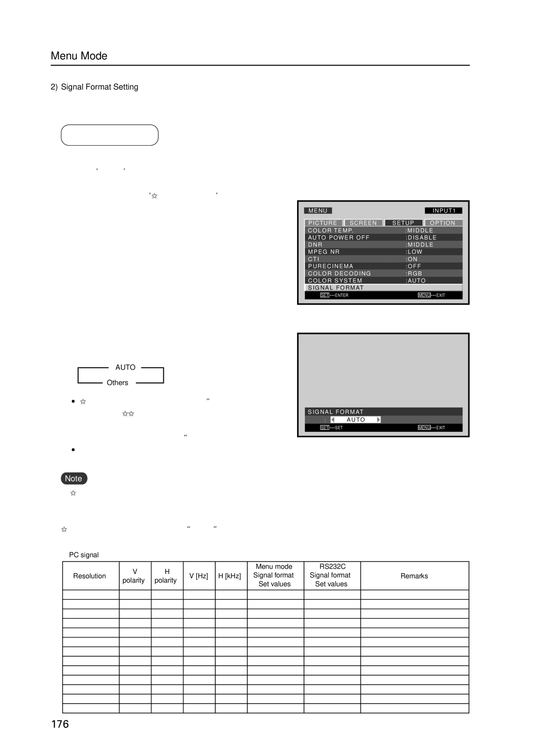 Pioneer PDP 427CMX Signal Format Setting, Others ....... Selectable resolutions are displayed Screen, Auto Others 