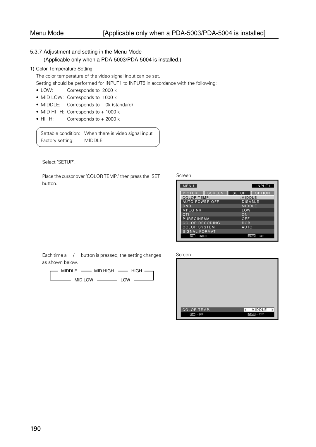 Pioneer PDP 427CMX technical manual Color Temperature Setting, High, Low 