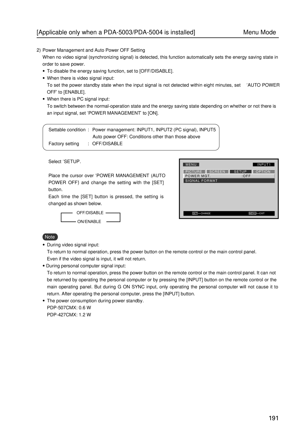 Pioneer PDP 427CMX technical manual Power Management and Auto Power OFF Setting, Factory setting, Off/Disable 