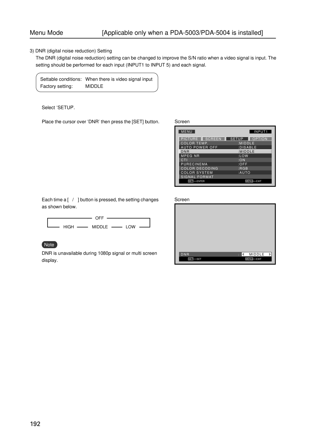 Pioneer PDP 427CMX technical manual DNR digital noise reduction Setting, OFF High 2 3 Middle 2 3 LOW 