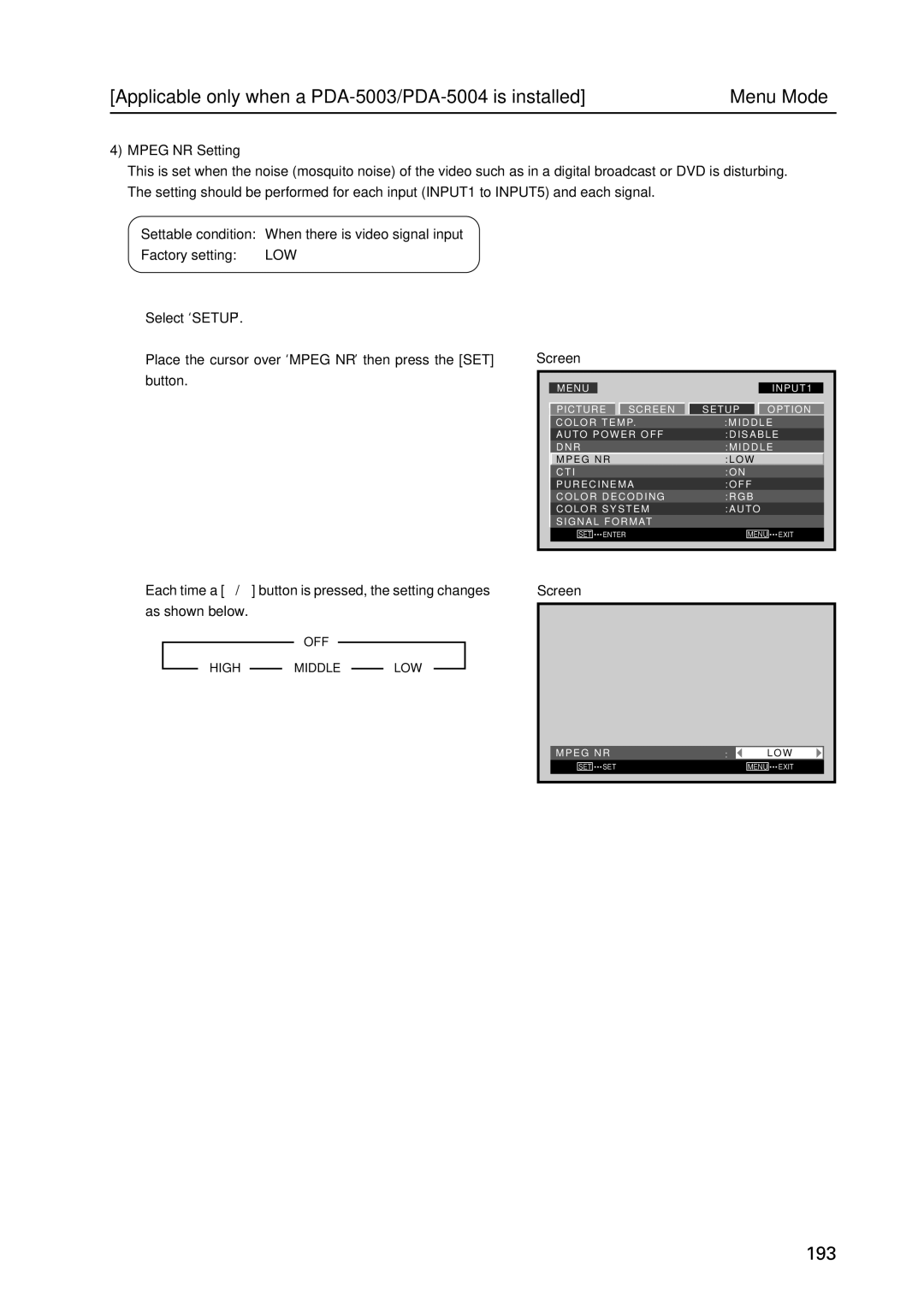 Pioneer PDP 427CMX technical manual Mpeg NR Setting 