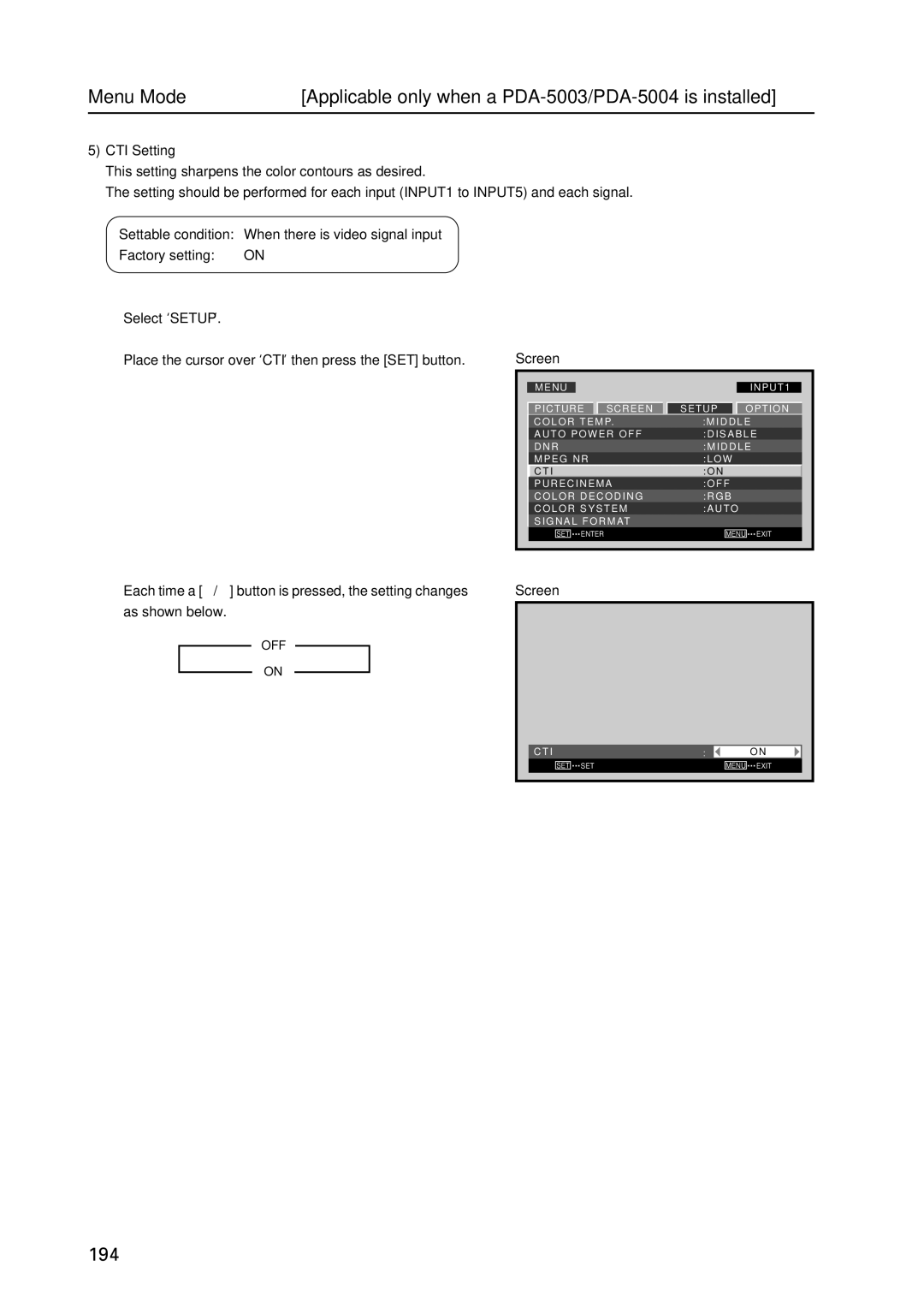 Pioneer PDP 427CMX technical manual CTI Setting, Off 