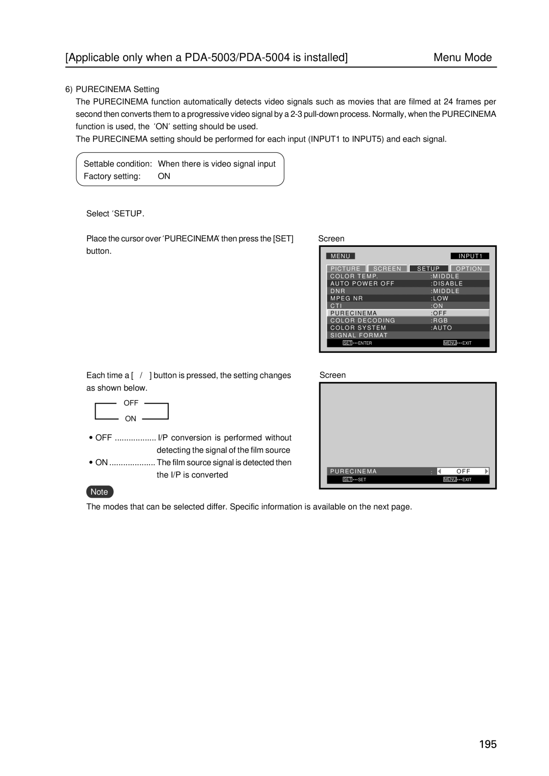 Pioneer PDP 427CMX technical manual Purecinema Setting, Off, Conversion is performed without, I/P is converted 