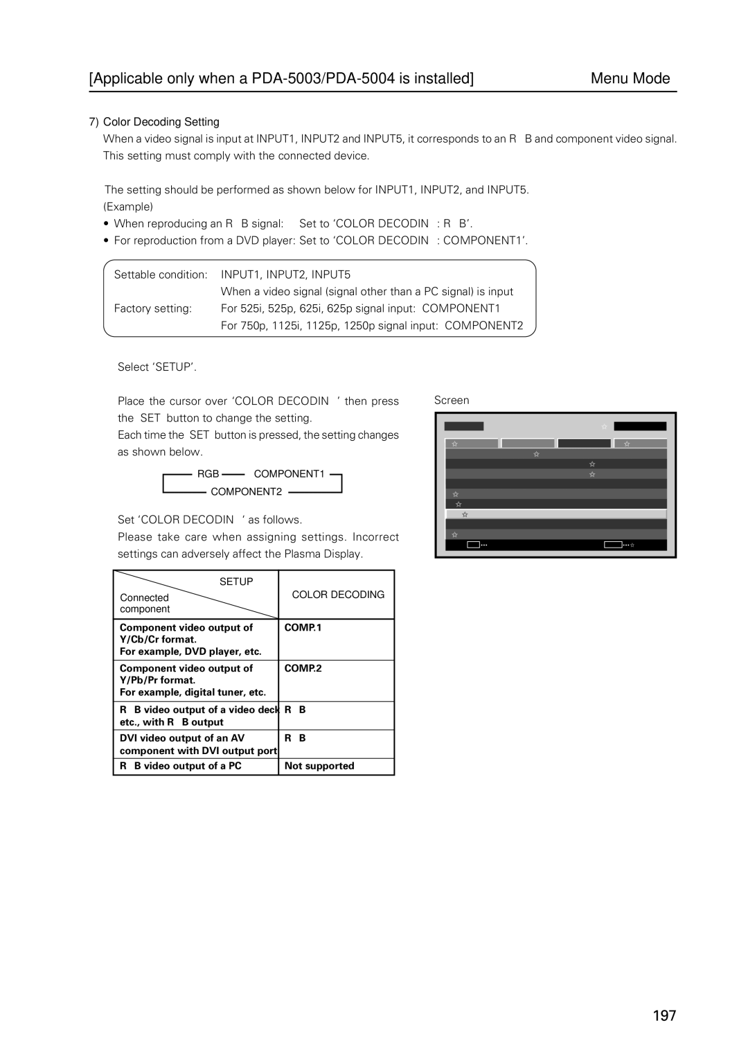 Pioneer PDP 427CMX technical manual Color Decoding Setting, INPUT1, INPUT2, INPUT5, Connected 