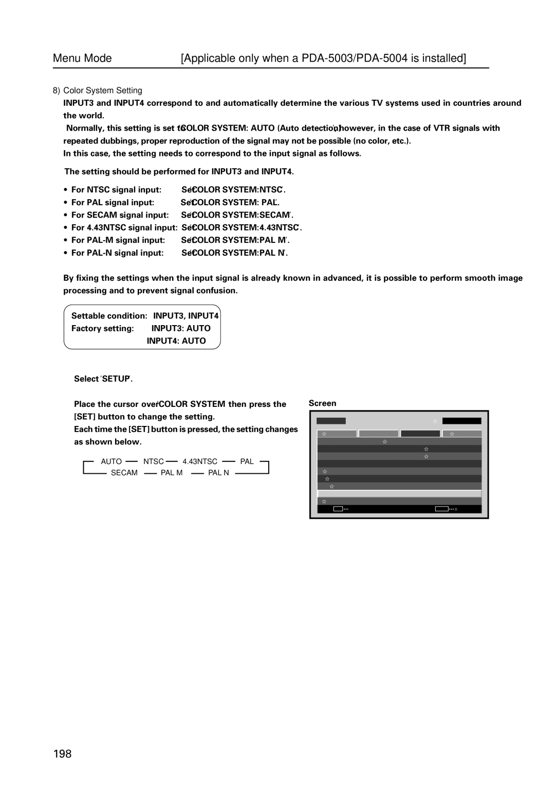 Pioneer PDP 427CMX technical manual Color System Setting, INPUT4 Auto, 43NTSC, Pal N 