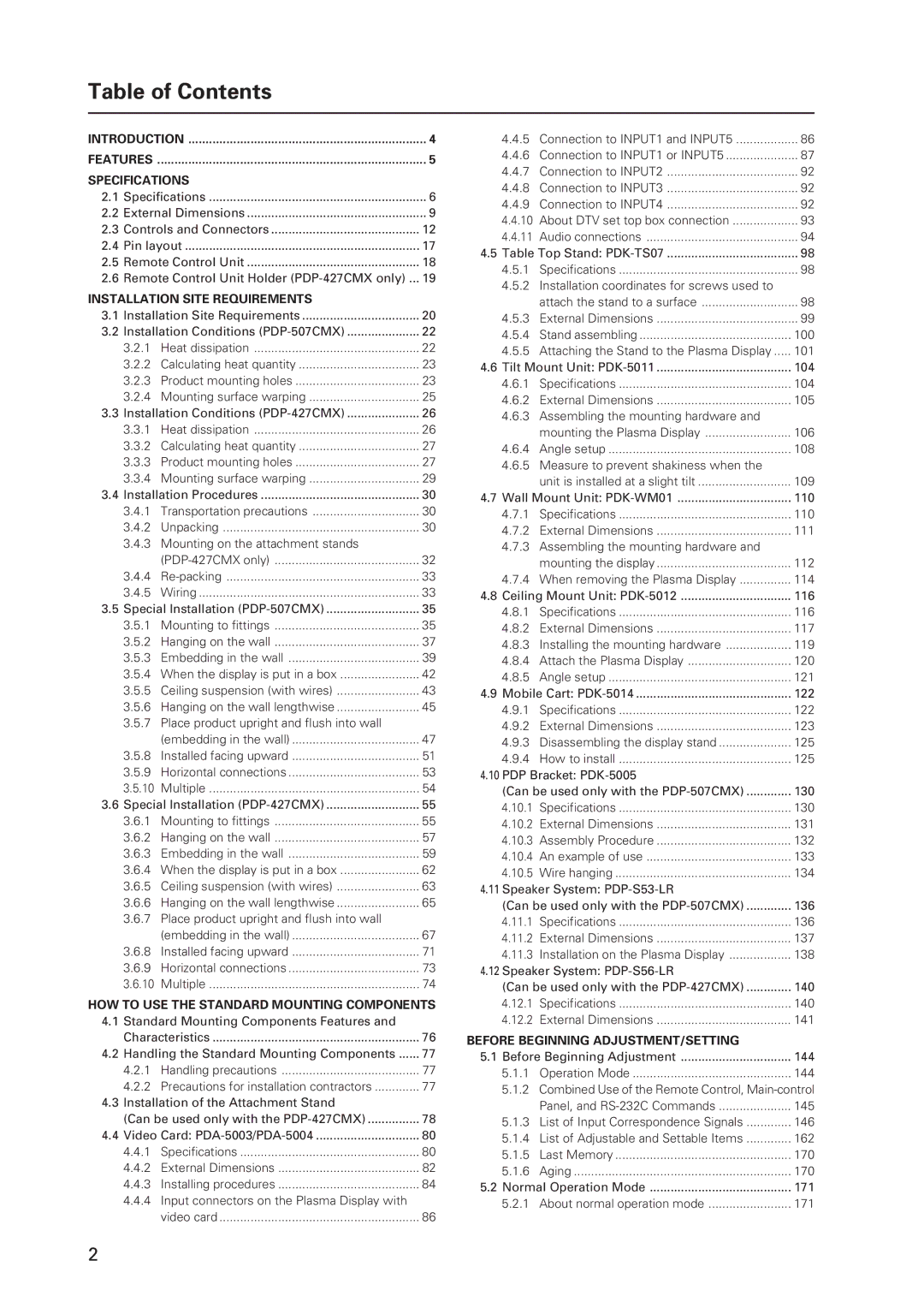 Pioneer PDP 427CMX technical manual Table of Contents 