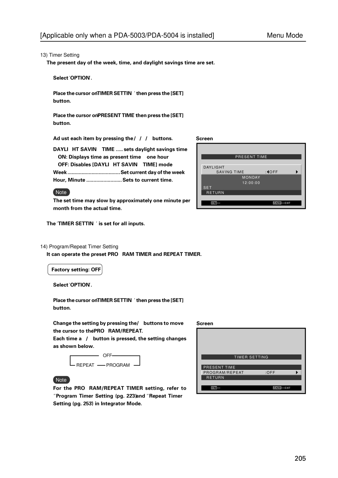 Pioneer PDP 427CMX technical manual Timer Setting, OFF Disables Daylight Saving Time mode 