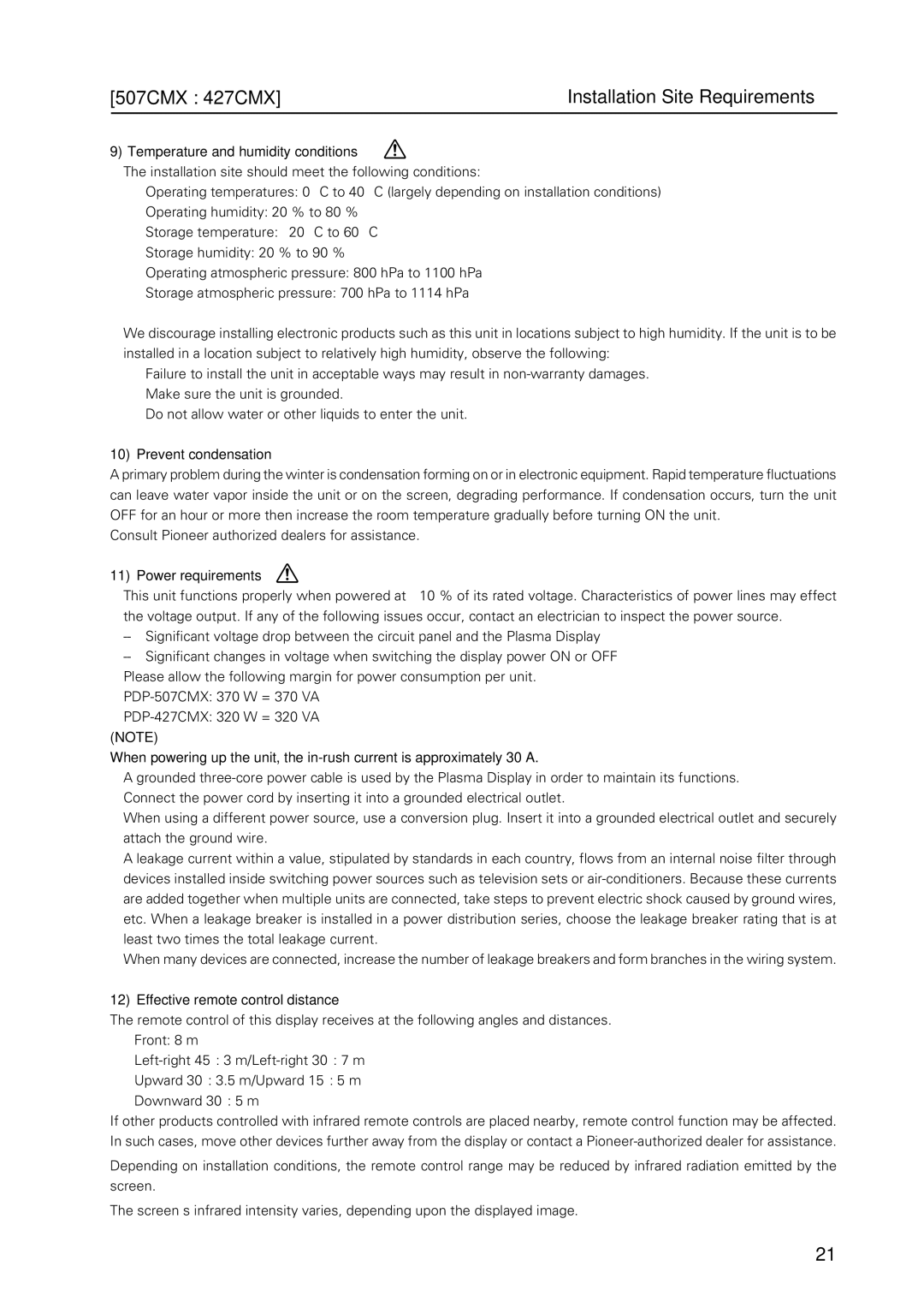 Pioneer PDP 427CMX 507CMX 427CMX Installation Site Requirements, Temperature and humidity conditions, Prevent condensation 