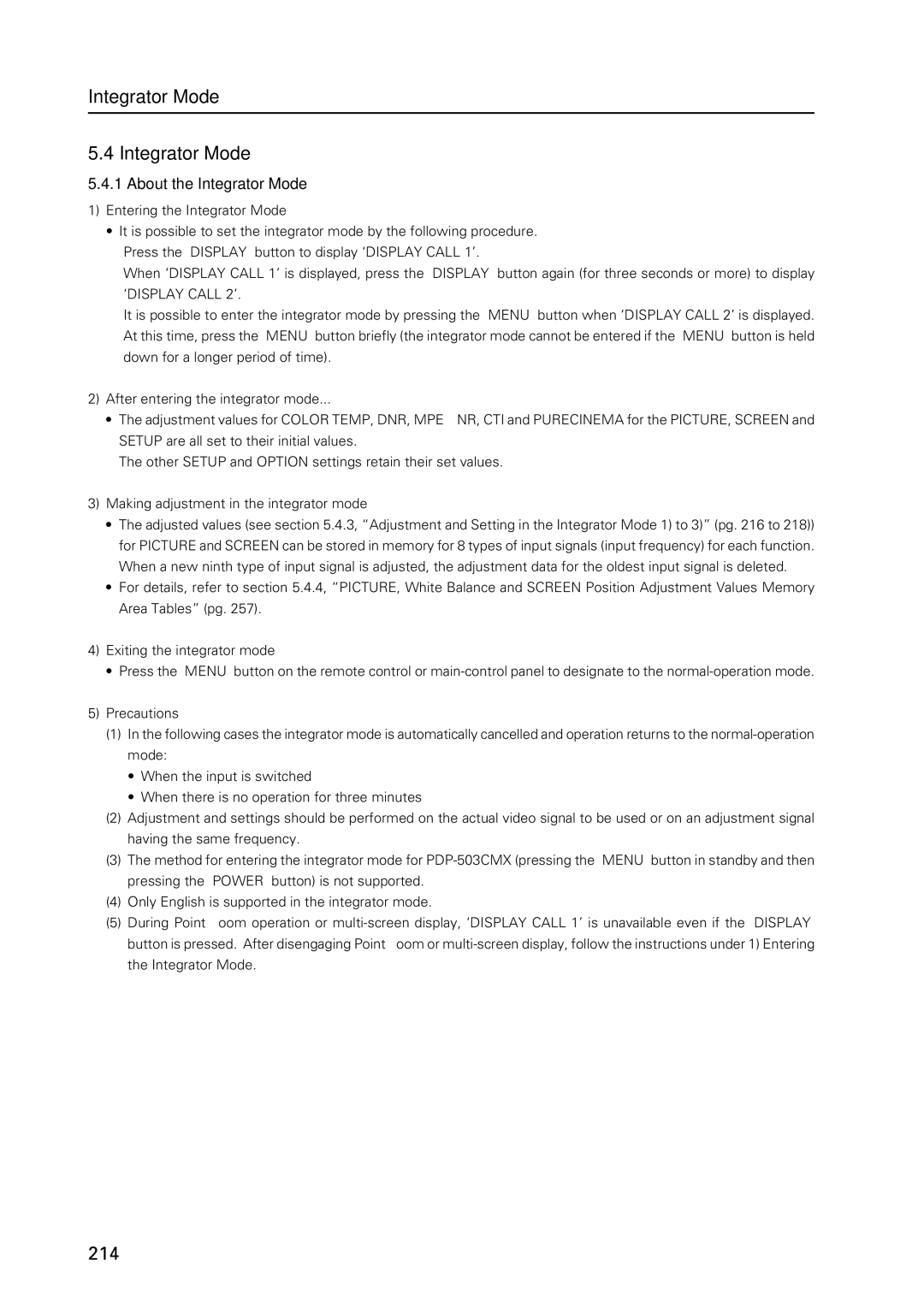 Pioneer PDP 427CMX technical manual About the Integrator Mode 