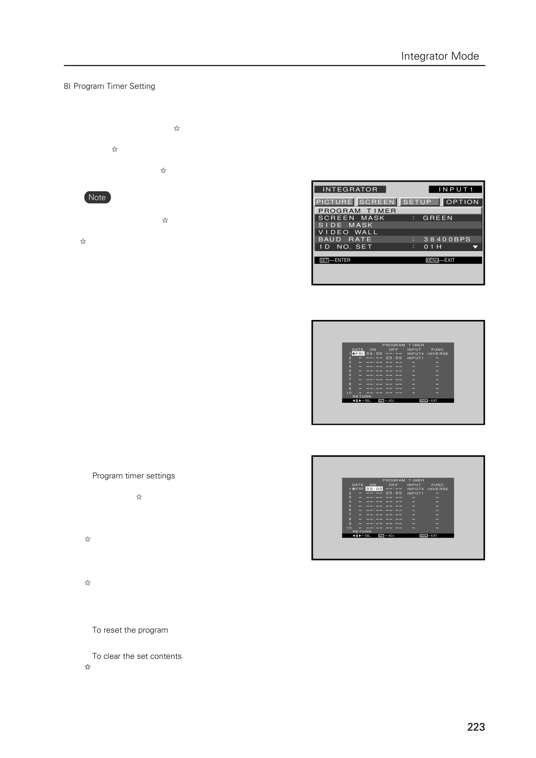 Pioneer PDP 427CMX Program Timer Setting, Program timer settings, To reset the program, To clear the set contents 