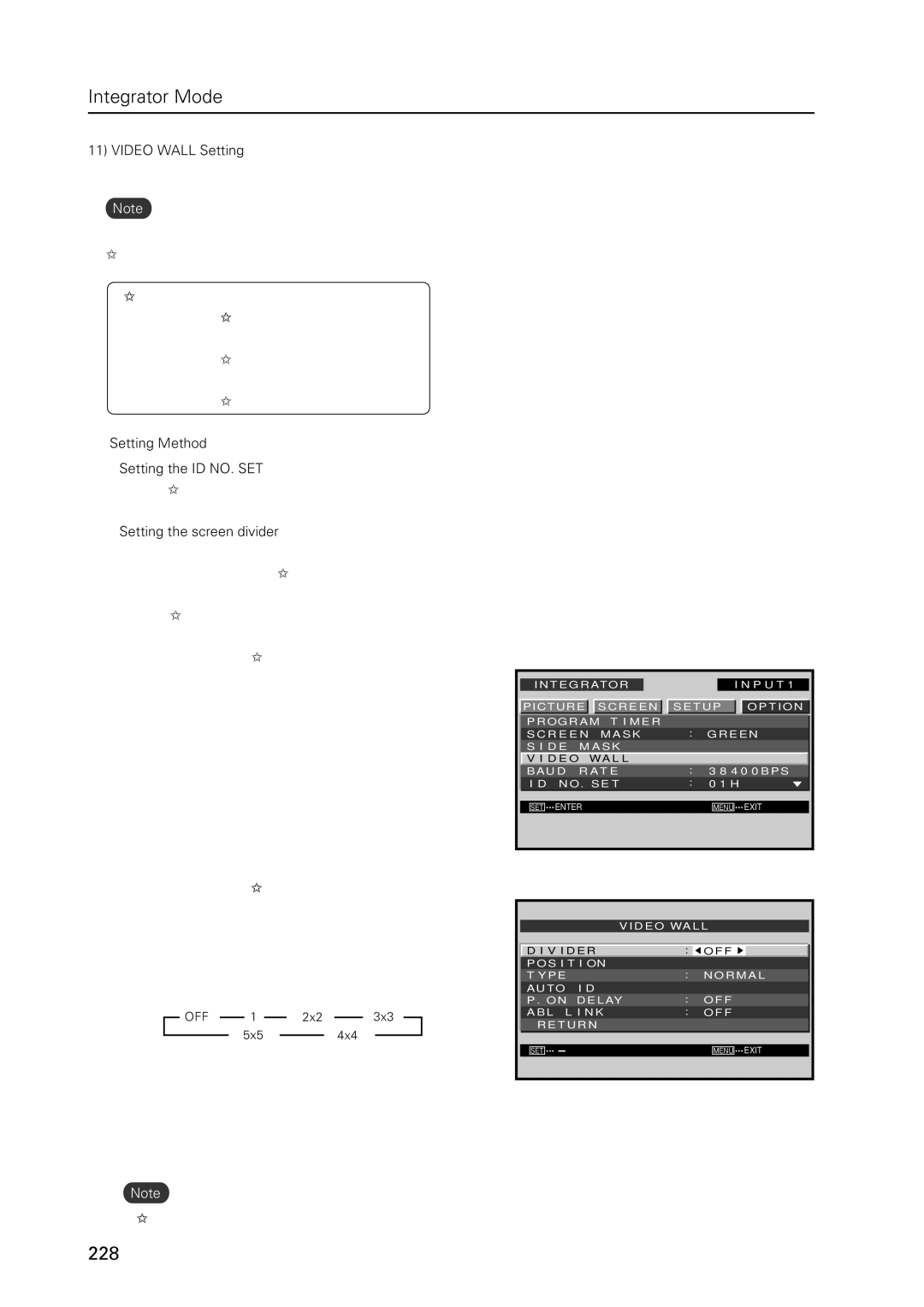 Pioneer PDP 427CMX Video Wall Setting, Position Type Normal Auto ID OFF On Delay ABL Link, Setting the screen divider 