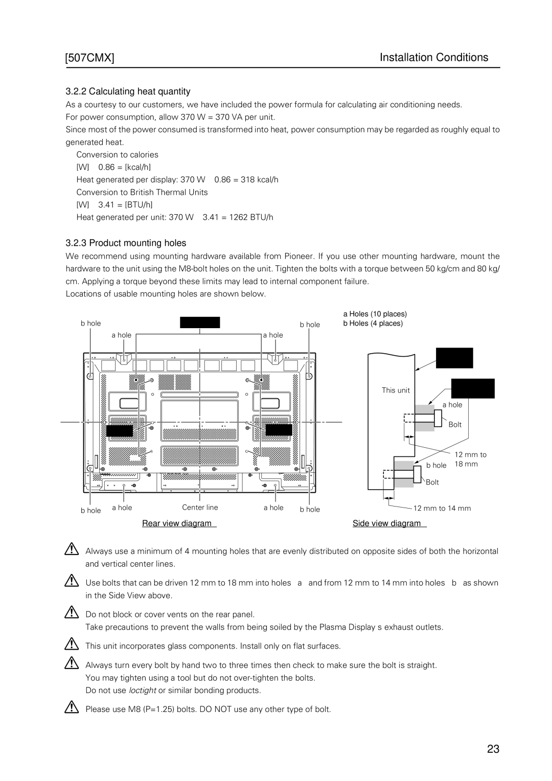 Pioneer PDP 427CMX technical manual 507CMX Installation Conditions, Calculating heat quantity, Product mounting holes 