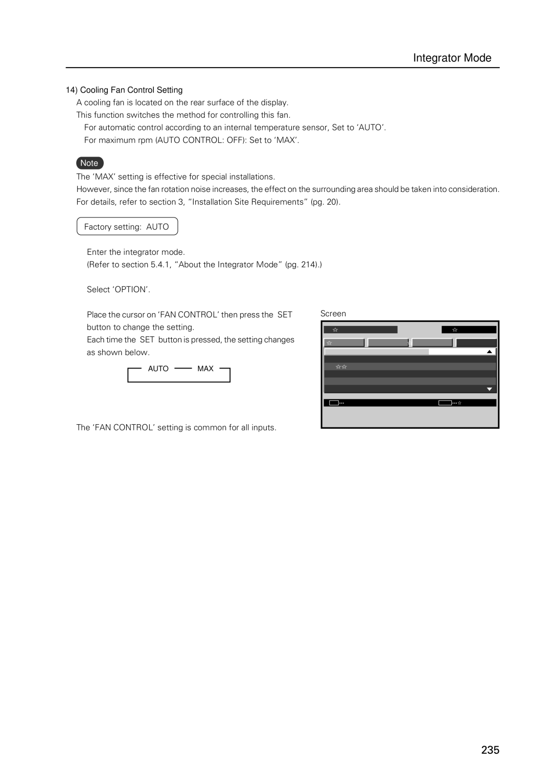 Pioneer PDP 427CMX technical manual Cooling Fan Control Setting, ‘FAN CONTROL’ setting is common for all inputs Screen, Max 