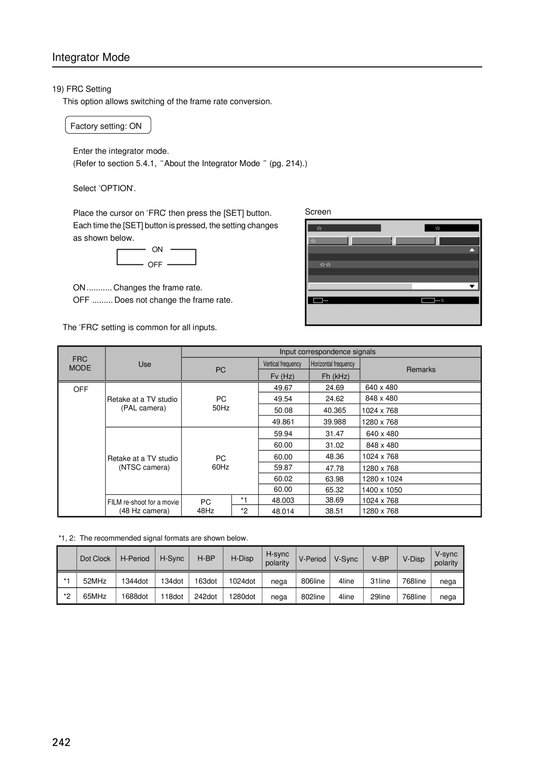 Pioneer PDP 427CMX technical manual FRC Setting, Changes the frame rate, ‘FRC’ setting is common for all inputs Screen 