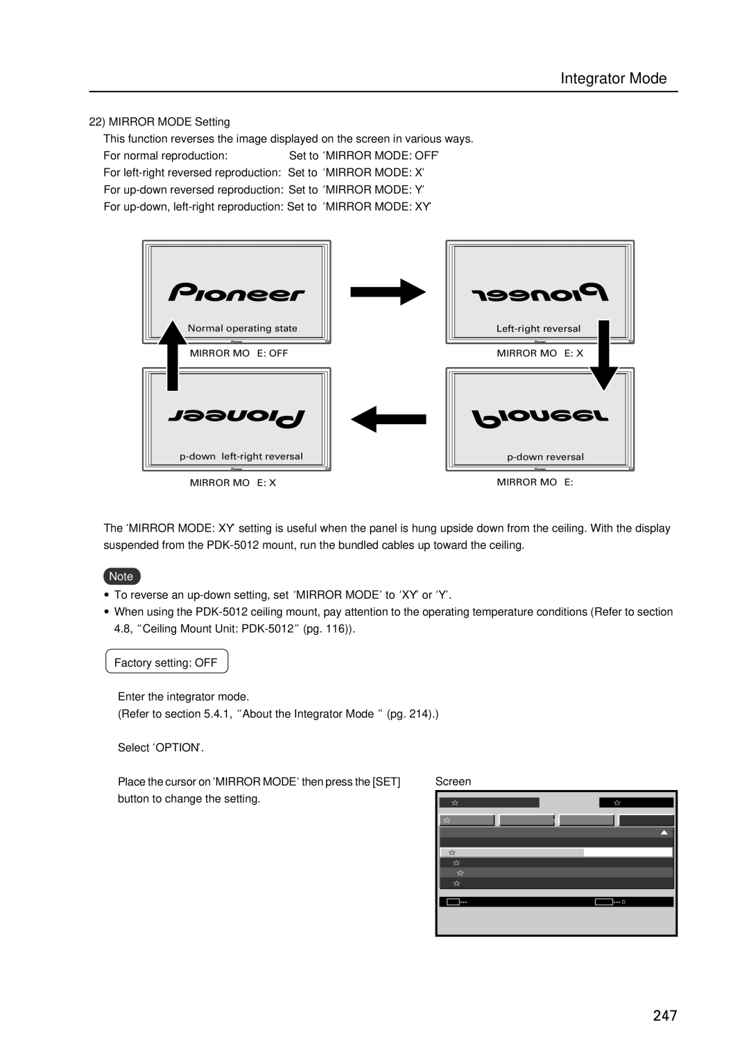 Pioneer PDP 427CMX technical manual Mirror Mode Setting 