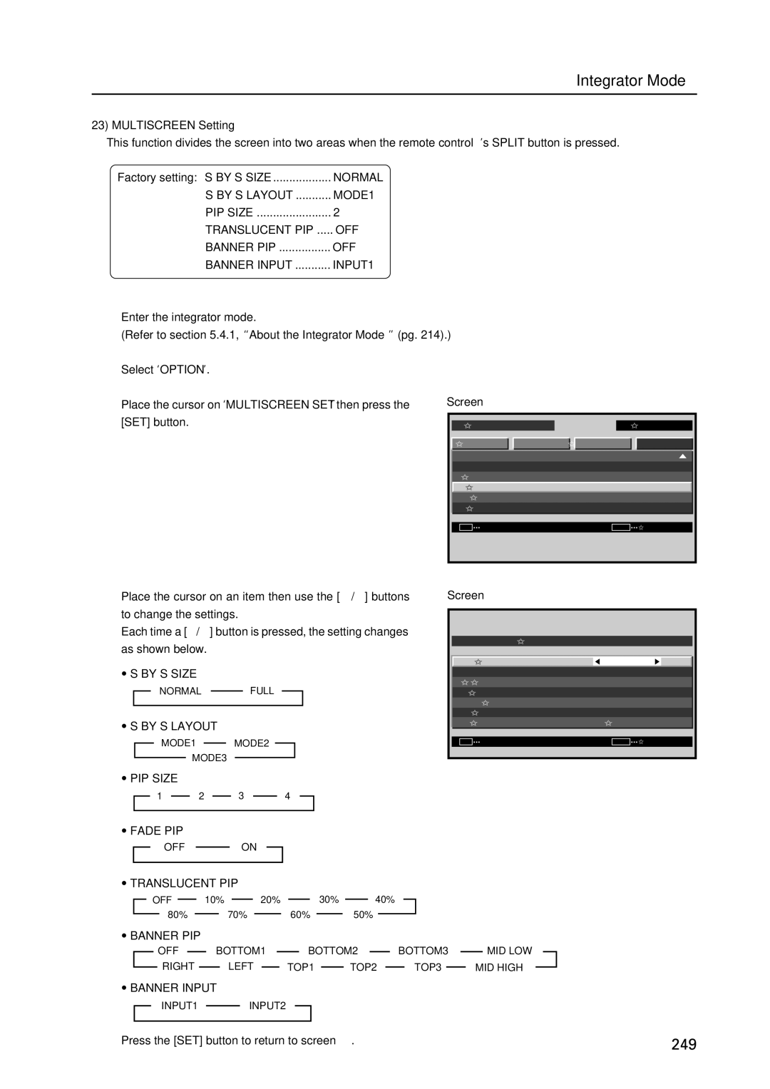 Pioneer PDP 427CMX technical manual Multiscreen Setting, By S Size, By S Layout, PIP Size Fade PIP 