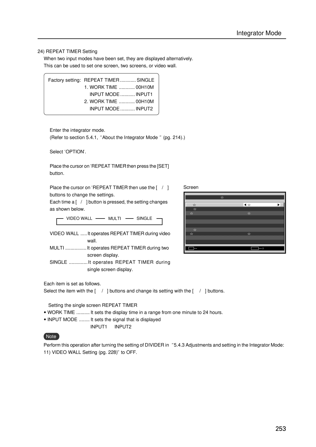 Pioneer PDP 427CMX technical manual Repeat Timer Setting, Setting the single screen Repeat Timer 